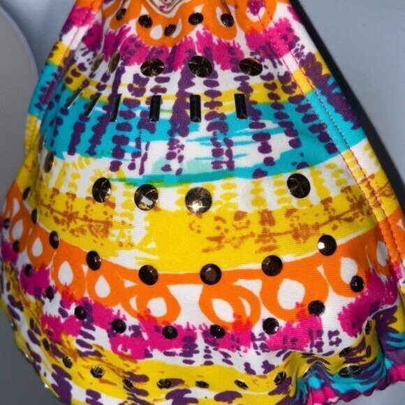 Printed Embellished Halter Bikini Top with Solid Color Bottom Women Swimsuit‎ - Picture 3 of 5